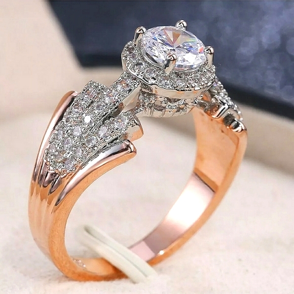 NWT 1 CZ WHITE GOLD W ROSE GOLD TRIM sterling silver gold  CZ Ring - Picture 5 of 15